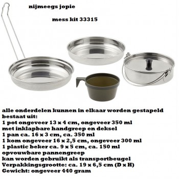 pannenset rvs, mess kit 5 delig, 1 persoons