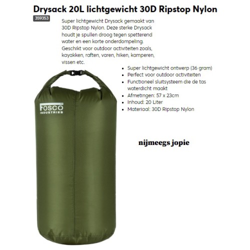 drybag drysack 22 liter, waterdichte zak, dun nylon