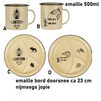 emaille mok (7,50) of bord (10,95), outdoor