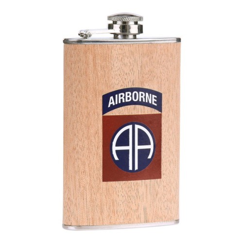 drinkflesje plat, 82nd airborne houtlook 5oz ca 150ml, zakfles, drinkflacon