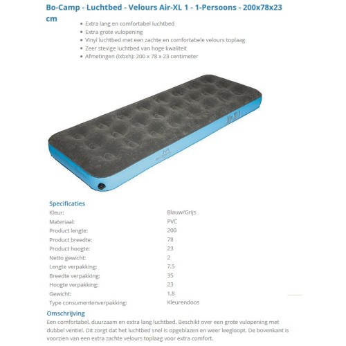 luchtbed velours, Bo-camp 1 persoons