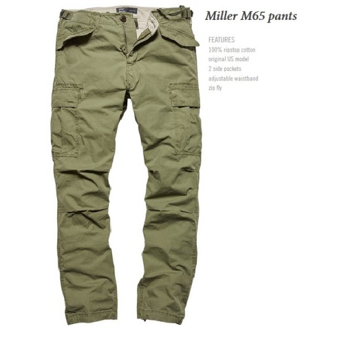 vintage m-65 broek model miller pant, olive drab, 100% dun katoen