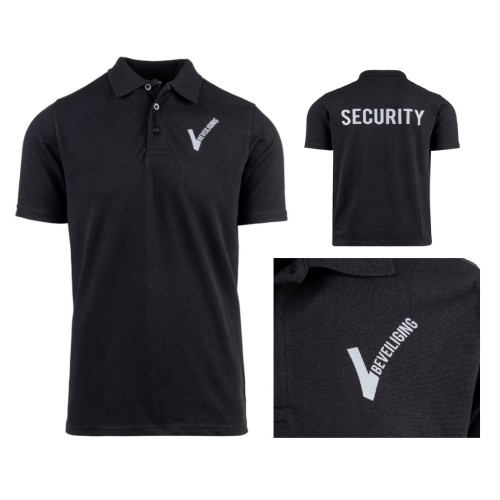 Polo beveiliging met "V" op de borst en text "security" achterop
