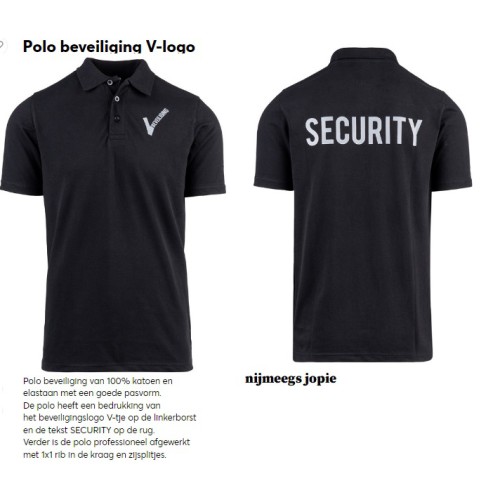 Polo beveiliging met "V" op de borst en text "security" achterop