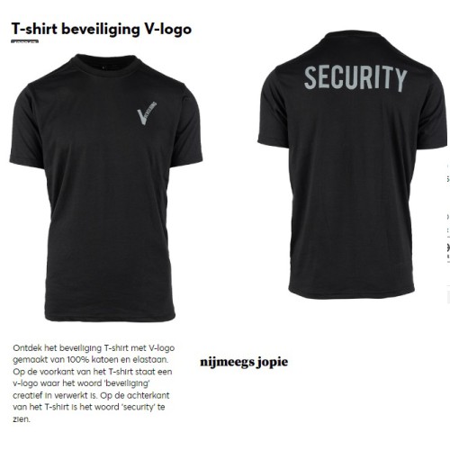 T-shirt beveiliging met "V" op de borst en text "security" achterop