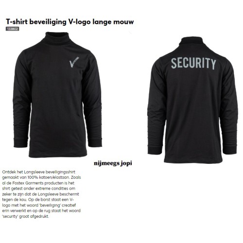 t-shirt beveiliging met lange mouw en kol,  "V" op de borst en text security achterop