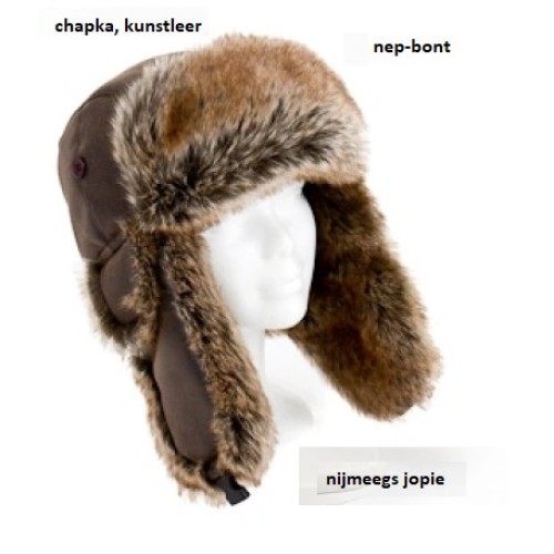 wintermuts met oorflappen, chapka, kunstleer, bruin