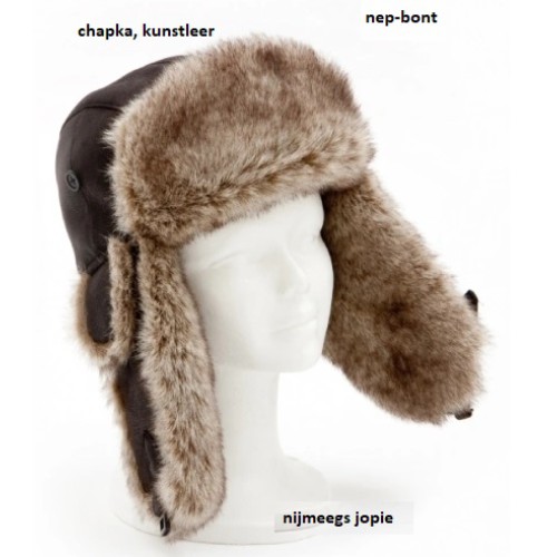 wintermuts met oorflappen, chapka, kunstleer, zwart
