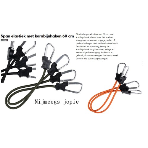 Elastische spanbanden met karabijnhaken, 60 of 90cm, zwart, groen of oranje