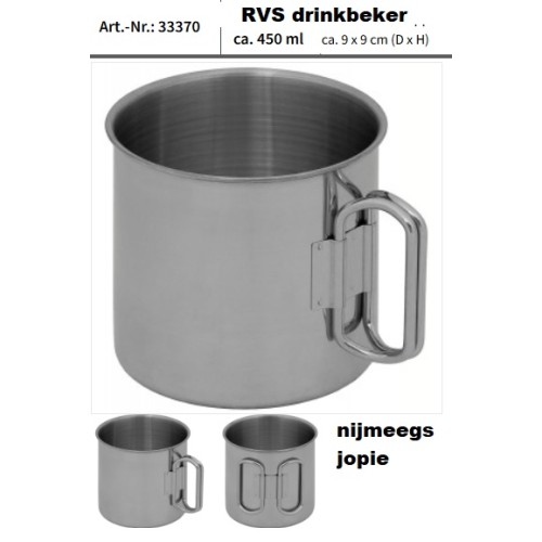 mok rvs, groot, ca 450ml, drinkbeker, opvouwbare handvaten