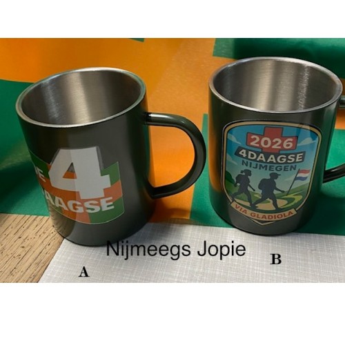4-daagse mok, metaal dubbelwandig, mok met oranje 4 of 4-daagse 2026 versie