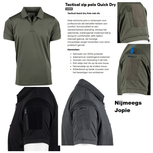 Polo tactical, stretch quick dry, met ritsje, zwart, grijs of groen