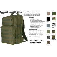 rugzak dag-rugzak small ca 25 liter, US assault, met vaste rugzakbanden