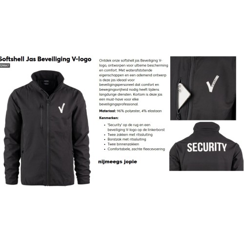 softshell jas, Beveiliging V voorop, security tekst achterop groot