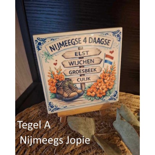 4-daagse Tegel A, "Elst, Wijchen, groesbeek, Cuijk 11x11 cm of 15x15 cm, inclusief houten "Ezeltje"