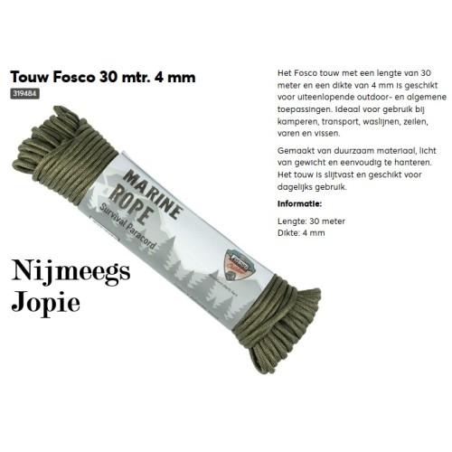 Touw 4 mm dik, met binnenkern, 30 meter, zwart of groen, of kleuren (zie foto2)