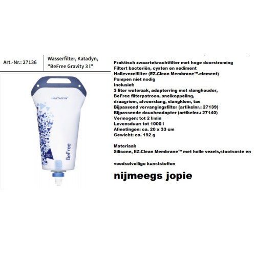waterzuiverings waterzak, 3 liter, katadyn Be Free